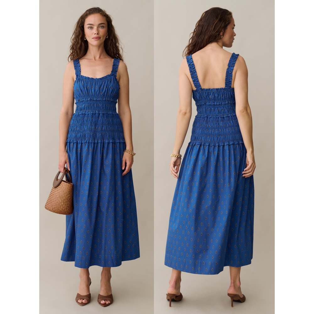 NWT o.p.t Freya Smocked Cotton Midi Dress in Blue Bijou Print - Size Small